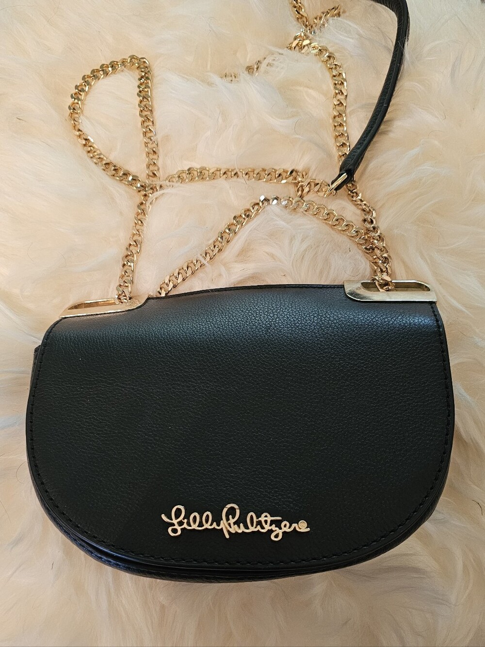Lilly Pulitzer Black Pebbled Leather Chain Crossbody Saddle Bag Gold Hardware